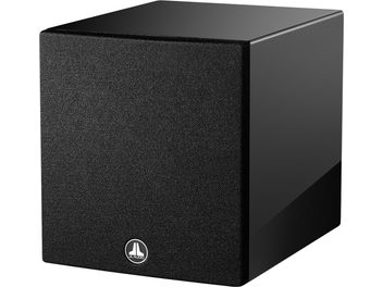 Subwoofer JL Audio Dominion D110 negro lacado, cubo, rejilla negra mate, logotipo plateado, reflejos