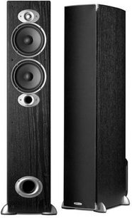 Polk Audio RTi A5 sort gulvhøjttaler, set forfra og fra siden, med 3 højttalere på forsiden