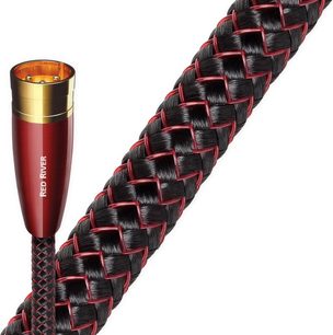Analogový audio kabel XLR Audioquest Red River, červeno-černý opletený plášť, pozlacený XLR konektor, detailní pohled