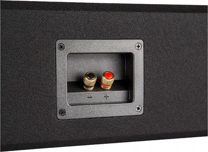 Sort Definitive Technology CS9040 centerhøjttaler med to forgyldte stik i en rektangulær fordybning, set forfra