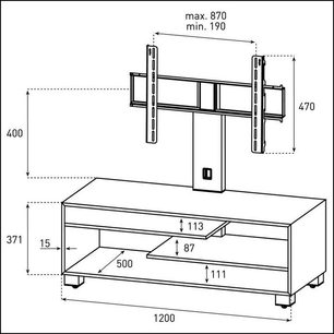 TV-møbel med drejelig fladskærmsbeslag, af træ, 1200 x 500 x 470 mm, 1 skuffe, 2 nicher, teknisk tegning vedlagt