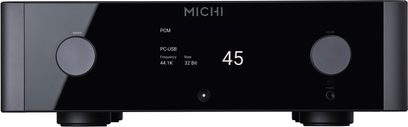 Michi P5 Series 2 stereo forforstærker, set forfra, sort kabinet, to store cirkulære drejeknapper, centralt display der viser "45"