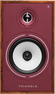 Boxă Triangle BR03 Connect bordeaux, cutie din lemn, vedere frontală, tweeter sus, woofer cu con alb, LED albastru