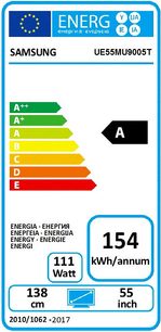 Samsung UE55MU9005T televizoriaus energijos etiketė, energijos klasė A, 154 kWh per metus, 55 colių, 138 cm įstrižainė