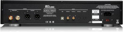 Musical Fidelity M3x DAC sort audio DAC i sort med RCA-, XLR-, USB-, koaksiale, optiske stik og strømforsyningsport