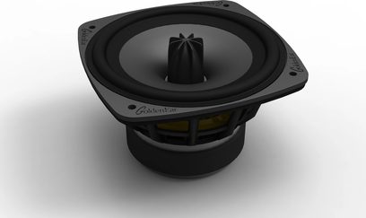 GoldenEar Triton Three+ sort gulvhøjttaler, tæt top-view, rund grill med central diskant