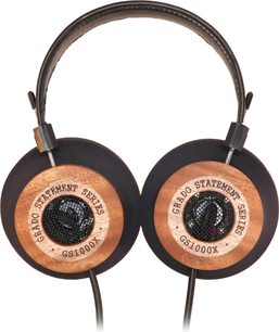 Відкриті дротові Hi‑Fi навушники Grado GS1000x, коричневі дерев’яні чашки з чорною решіткою, чорні пінні амбушури, вид спереду