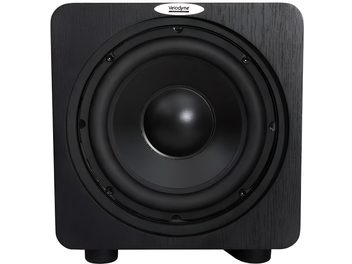 Subwoofer Velodyne Deep Blue 8 negro, vista frontal, altavoz circular negro en el centro, marco cuadrado negro mate