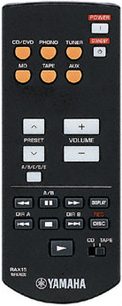Yamaha AX-497 stereo hi-fi-forstærker, set forfra, knapper og kontroller på den sorte front, digitalt display i midten