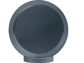 Enceinte hi-fi compacte Elipson Planet M Neptune Stone gris bleuté mat, boîtier sphérique métallique sur petit socle cylindrique assorti, grille perforée circulaire apparente, vue de face