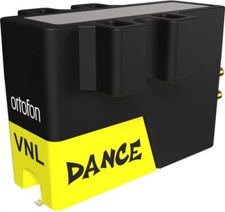 Cellule Ortofon VNL DANCE en plastique noir, avant jaune, vue trois-quarts, deux trous de fixation, contacts dorés