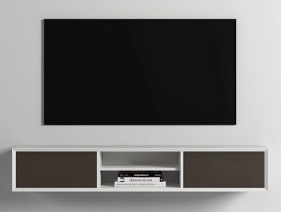 AV-meubel Clic Classic Series Model 240 groot wit in gelakt hout, donkere stoffen fronten, nis, zwevend