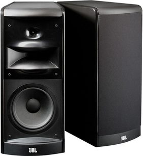 JBL LS40 sort bogreolhøjttaler, set forfra og fra siden, sort kabinet, synlig højttaler, diskant, basrefleksport