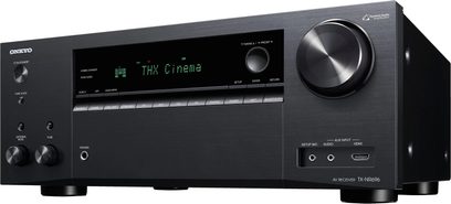 Onkyo TX-NR696 sort hjemmebiografsforstærker, frontvisning, grøn "THX Cinema"-skærm, knapper, volumenkontrol, HDMI- og audioporte
