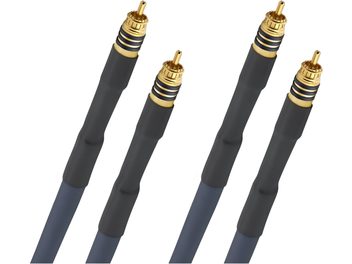 Close-up, oblique view of the four gold-plated male connectors with black rings on the Oehlbach Series 1 2 m analog RCA audio cable, anthracite gray PVC sheath with black reinforcement sleeves