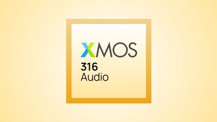 XMOS logo tekstiga "316 Audio" mustas kirjas, kollane gradiendiga taust, kuldne ruudukujuline raam, vaade eestvaates.