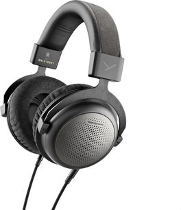 Offener HiFi-Kopfhörer Beyerdynamic T1, Dreiviertelansicht, graue Samt-Ohrpolster, gepolsterter Kopfbügel, geflochtene Kabel