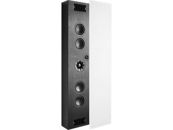 Diffusore da incasso a parete PMC Ci140, cabinet in legno scuro rettangolare verticale, 5 altoparlanti rotondi, griglia metallica