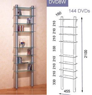 Lodret metalreol i antracitgrå med 8 niveauer til 144 DVD'er, mål 210 x 33 x 21 cm