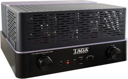 Taga Harmony TTA-1000 sort hi-fi rørforstærker, set forfra, metalrist, knapper og stik på forsiden, sort kabinet