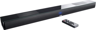 Canton Smart Soundbar 10 soundbar i sort højglans med frontgitter i metal og matchende fjernbetjening i perspektivvisning