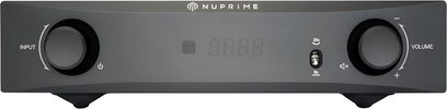 NuPrime IA-9XG sort stereo integreret forstærker, set forfra, sort frontpanel med to drejeknapper og centralt display