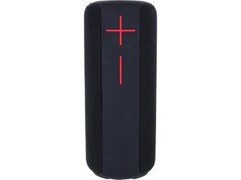 Enceinte bluetooth Yourban Getone 30, vue de face, forme cylindrique, surface noire, boutons rouges en croix, texture maillée