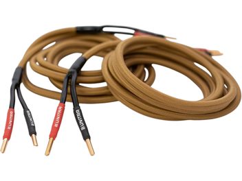 Unitra KG-25 hangszórókábel, 2 x 4 m, barna szövetfonatú burkolat, aranyozott piros/fekete banáncsatolók, háromnegyedes nézet