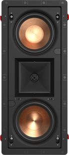Klipsch PRO-25-RW LCR indbygget højttaler, frontvisning, to runde, guldfarvede højttalere i et rektangulært, sort kabinet