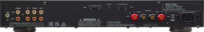 Integrovaný stereo hi-fi zesilovač Rotel A10 MKII černý, zadní pohled, konektory RCA, svorky pro reproduktory, napájecí zdířka