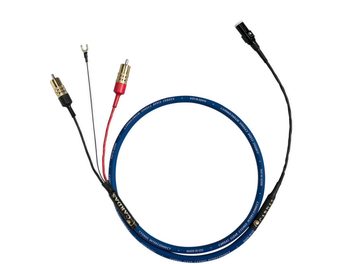 Kabel phono Cardas Clear Cygnus 0,75m niebieski z wtykami RCA czerwonym i czarnym, metalowe końcówki pozłacane i cienkie czarne przewody