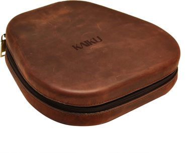 Кафяв калъф за пренасяне Kaiku Leather Case за слушалки, изглед отгоре, цип и релефно лого