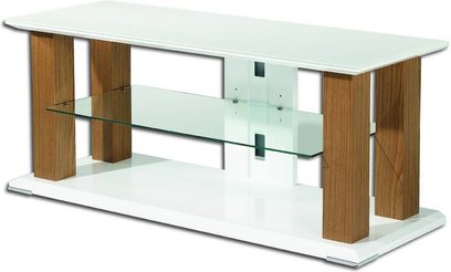 Lyst træ- og glasmøbel til TV, moderne rektangulært design, 2 glashylder, 4 lodrette trærum