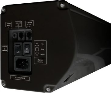 Sort kontrolboks med knapper og porte til Lumene Coliseum UHD 4K 270C motordrevet lærred, tæt ovenfra-billede