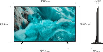 Televizor Samsung TQ75Q7F4 2025 cu rezoluție înaltă, negru mat, din metal și plastic, cu ramă ultra-subțire, două picioare înclinate și profil lateral foarte subțire, prezentat din față și din lateral