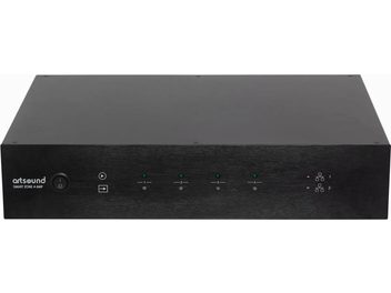 Multiroom eller multi-zone forstærker ArtSound Smart Zone 4 Amp, set forfra, sort kabinet, 4 grønne indikatorer, 4 grå knapper, 2 ikoner