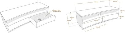 Teknisk skitse med mål af et TV-møbel fra Norstone Design Valmy, bestående af 2 rektangulære elementer stablet oven på hinanden