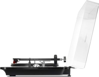 Elipson Omega 100 Carbon Black pladespiller, mat sort, set fra siden, tonarm, pladespiller, gennemsigtig støvlåg
