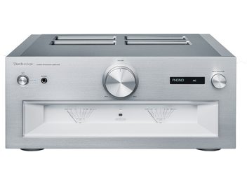 Technics SU-R1000E-S sølvfarvet stereo hi-fi-forstærker, set forfra, frontpanel med knapper, drejeknapper, display og hovedtelefonstik