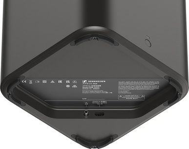 Zvuková lišta Sennheiser AMBEO Soundbar Plus + SUB černá, pohled ze spodní strany s technickou informativní štítkem