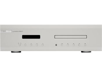 Musical Fidelity M6scd sølv hi-fi CD-afspiller med rektangulær front, sort skærm, CD-skuffe og 10 runde knapper