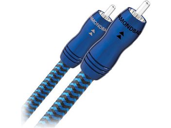 Deux câbles RCA Audioquest Diamondback bleus avec rayures noires en spirale et connecteurs RCA argentés, vue de dessus