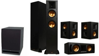 Pakke med Klipsch RF-52 sorte gulvhøjtalere, indeholdende 2 gulvhøjtalere, 2 reolhøjtalere, 1 centerhøjttaler og 1 subwoofer