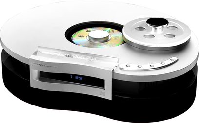 Consonance Droplet CDP 5.0 H.D sort CD-afspiller, set oppefra, sølvfarvet bakke, iriserende disk, sorte knapper