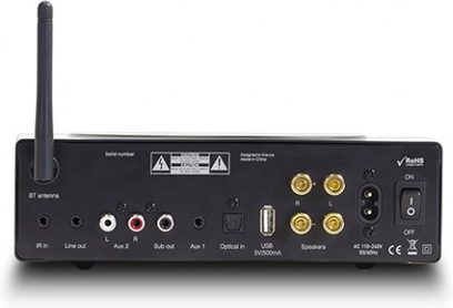 Elipson MC MINI sort hi-fi stereforstærker, set forfra, med stik og knapper på forsiden, udfoldet Wi-Fi-antenne på toppen