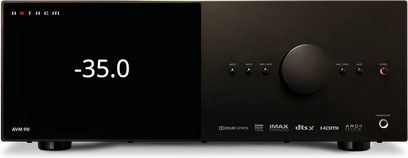 Anthem AVM 90 8K home theater preamp, front view, displaying "-35.0", front buttons and connectors, black color