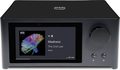 NAD C700 sort hi-fi stereoanløg, set forfra, skærm der viser "Madness The 2nd Law Muse", 2 drejeknopper