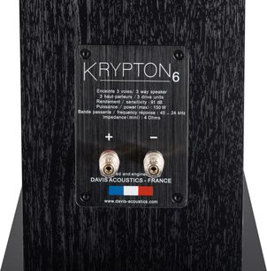 Diffusore da pavimento Davis Acoustics Krypton 6 Technik nero, vista posteriore, targhetta rettangolare con testo bianco, 2 terminali di connessione circolari dorati e rossi/neri, superficie con texture effetto legno scuro.