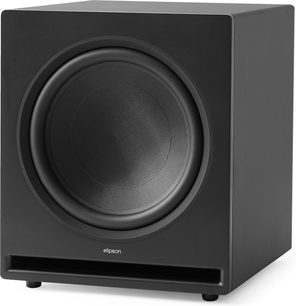 Subwoofer Elipson Premium Sub 15 v matné černé barvě, široký přední reproduktor, spodní štěrbinový port, pohled ze tří čtvrtin