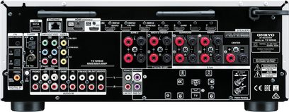 Onkyo TX-NR646 sølvfarvet hjemmebiograf-forstærker, bagside, audio/video-tilslutninger, HDMI-porte, højttalertilslutninger, Ethernet